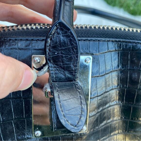 Henri Bendel Black Croc Print Leather Satchel - Picture 2 of 14